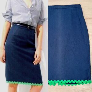 J.Crew Navy Blue with Green Ric Rac Linen Pencil Skirt (6) Preppy Chic Librarian